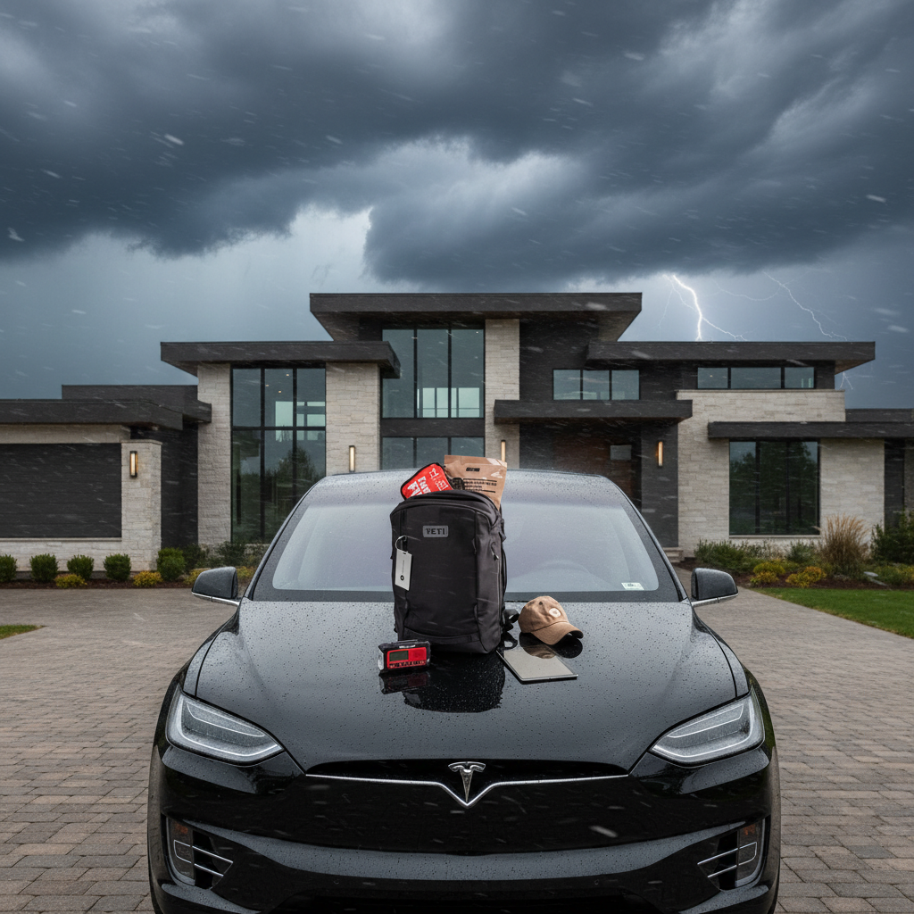 Black Tesla car with a backpack on a driveway under a stormy sky