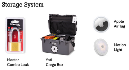 Storage system with Master Combo Lock, YETI Cargo Box, Apple Air Tag, and motion light.