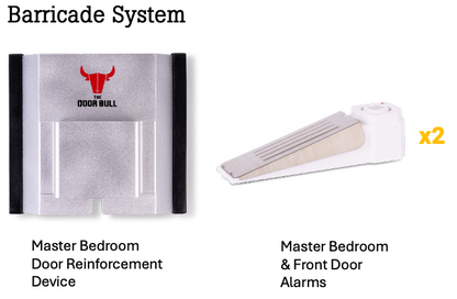 Barricade system components including a door reinforcement device and alarms on a white background.