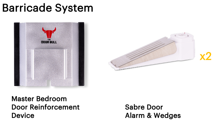 Barricade system components including a door reinforcement device and alarm wedges on a white background.