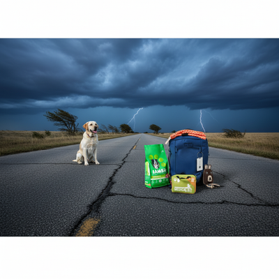 Dog sitting on a road with stormy sky, backpack, and pet supplies.