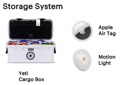 Yeti cargo box with Apple Air Tag and motion light on a white background