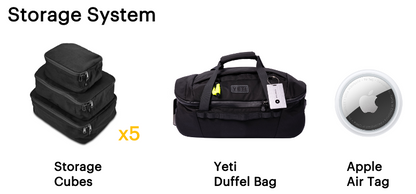 Storage system with storage cubes, Yeti duffel bag, and Apple Air Tag on a white background