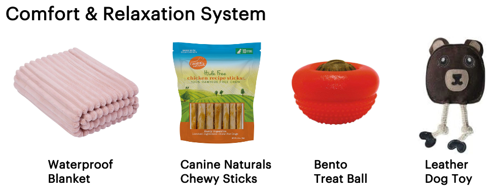Collection of pet products including a waterproof blanket, chewy sticks, treat ball, and dog toy.