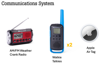 Communications system with AM/FM Weather Crank Radio, Walkie Talkies, and Apple Air Tag on a white background.
