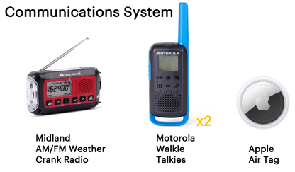 Communications system with Midland AM/FM Weather Crank Radio, Motorola Walkie Talkies, and Apple Air Tag on a white background.
