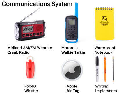 Collection of emergency supplies including a Midland radio, Motorola walkie talkie, waterproof notebook, Fox40 whistle, Apple Air Tag, and writing implements on a white background.