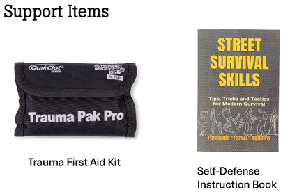 Trauma First Aid Kit and Self-Defense Instruction Book on a white background