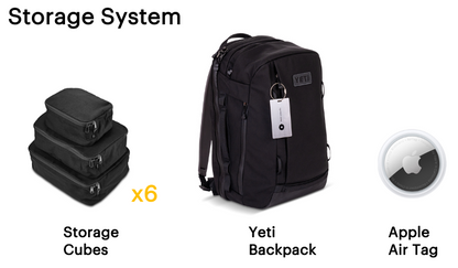 Black backpack with storage cubes and Apple Air Tag on a white background