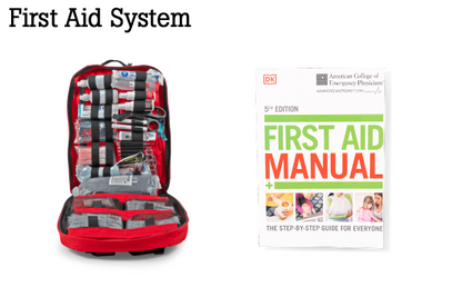 Red first aid kit and manual on a white background