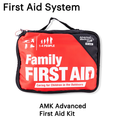 Red first aid kit labeled 'Family First Aid' with AMK Advanced branding on a white background.