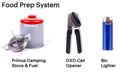 Food prep system with Primus camping stove, OXO can opener, and Bic lighter on a white background.