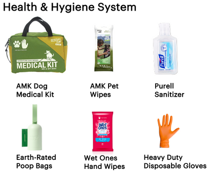Collection of health and hygiene products including a medical kit, wipes, sanitizer, and gloves on a white background.