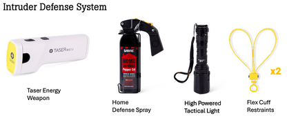 Intruder defense system with Taser Energy Weapon, Home Defense Spray, High Powered Tactical Light, and Flex Cuff Restraints on a white background.
