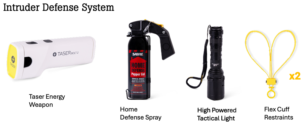 Intruder defense system with Taser Energy Weapon, Home Defense Spray, High Powered Tactical Light, and Flex Cuff Restraints on a white background.
