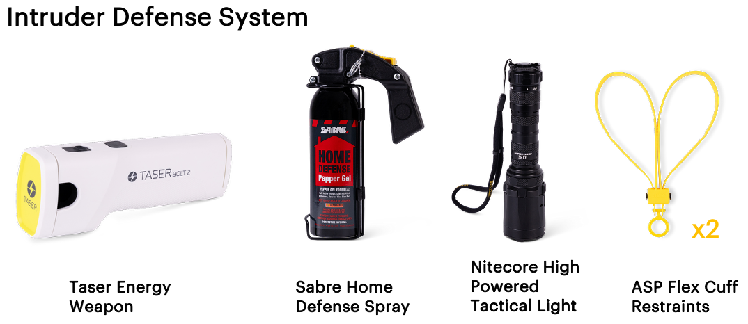 Intruder defense system with Taser, Sabre spray, Nitecore light, and ASP cuffs on a white background.