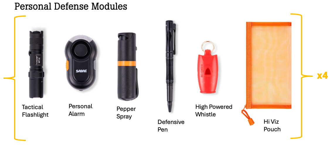 Collection of personal defense items including a tactical flashlight, personal alarm, pepper spray, defensive pen, high-powered whistle, and four hi-viz pouches.