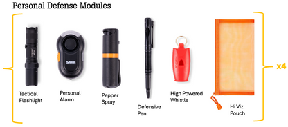 Collection of personal defense items including a tactical flashlight, personal alarm, pepper spray, defensive pen, high-powered whistle, and four hi-viz pouches.
