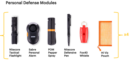 Collection of personal defense modules including a flashlight, alarm, pepper spray, pen, whistle, and pouch.