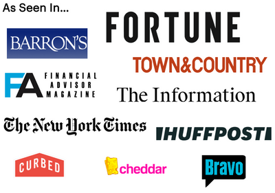 Logos of various media outlets including Fortune, Barron's, and The New York Times on a white background.