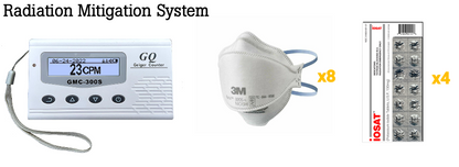 Radiation mitigation system with a dosimeter, 3M mask, and iodine tablets.