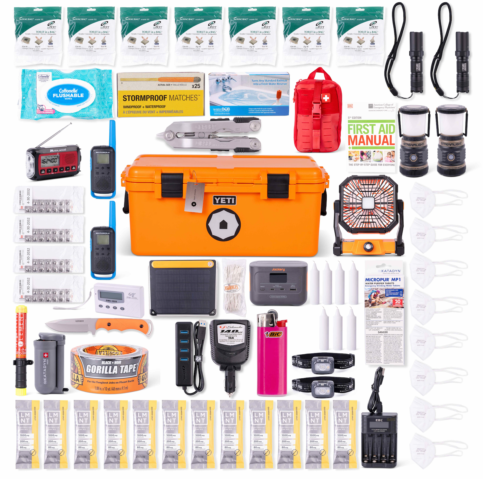 Collection of emergency supplies including a YETI cooler, flashlights, batteries, and first aid kits on a white background.