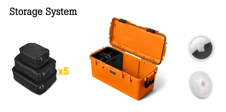 Orange storage system with open lid showing black interior, surrounded by five black storage cases on a white background.