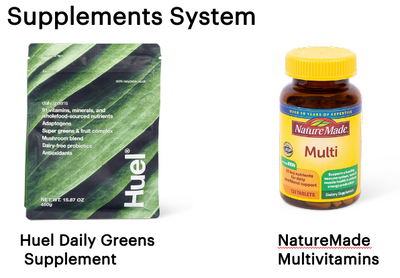 Two supplement products, Huel Daily Greens and NatureMade Multivitamins, on a white background.