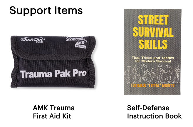 AMK Trauma First Aid Kit and Self-Defense Instruction Book on a white background