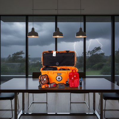 Orange YETI cooler on a table with stormy weather outside