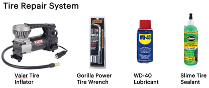 Collection of tire repair products including a tire inflator, wrench, lubricant, and sealant.