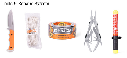 Collection of tools and repairs items including a knife, zip ties, Gorilla Tape, and pliers on a white background.