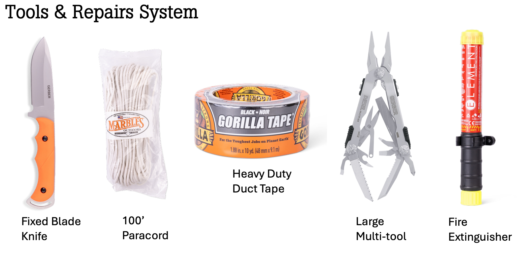 Collection of tools including a fixed blade knife, paracord, Gorilla Tape, large multi-tool, and fire extinguisher.